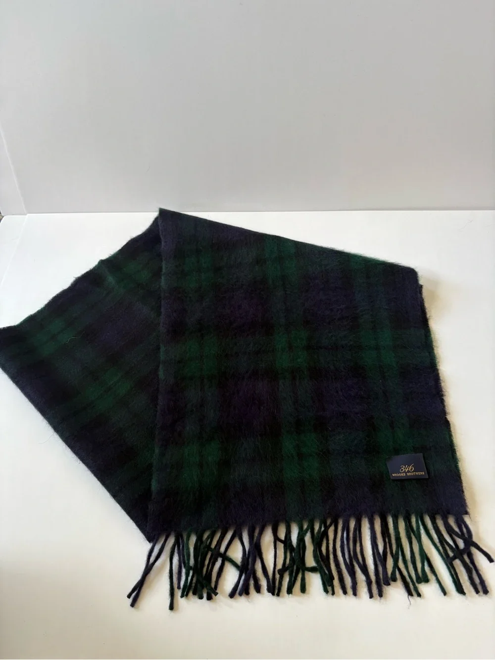 Brooks Brothers Cashmere Tartan Scarf Green Blue Plaid Fringe Career Academia